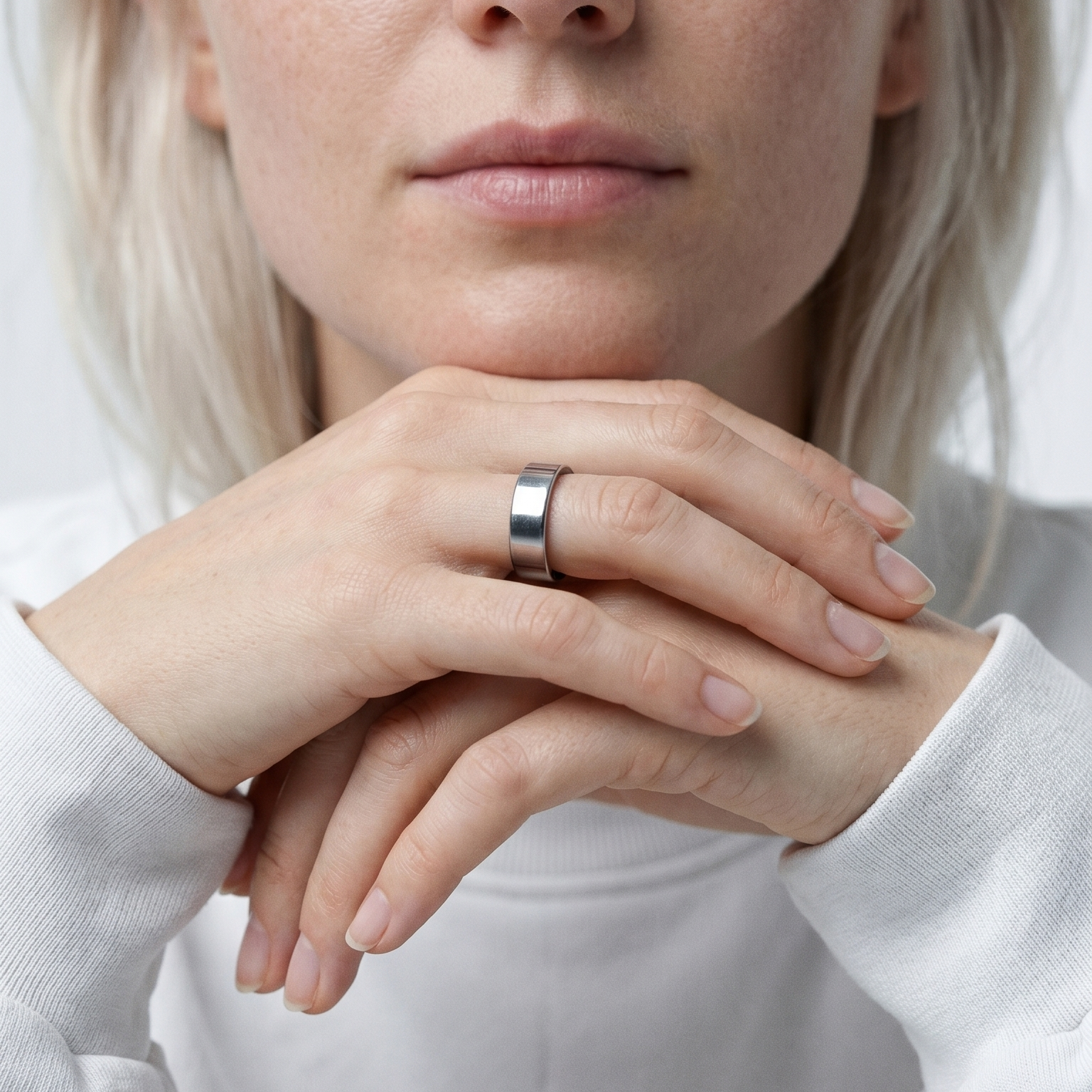 Close-up of a woman's hands with a silver smart ring on a white background