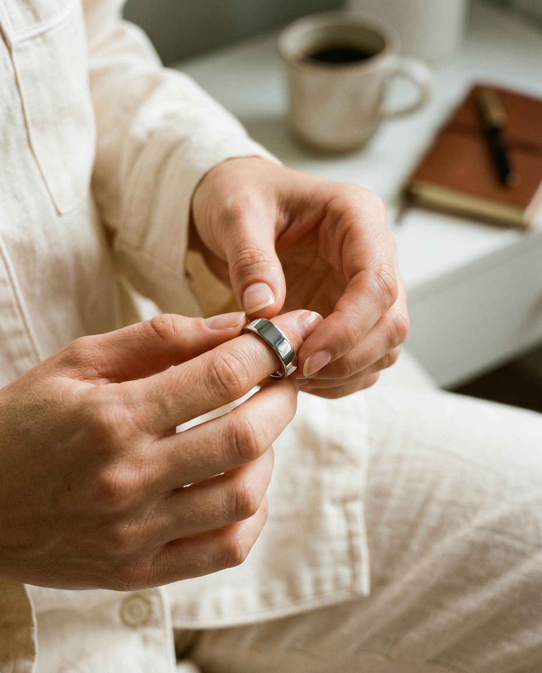 Person holding a smart ring with a blurred background of a desk with a mug and notebook.